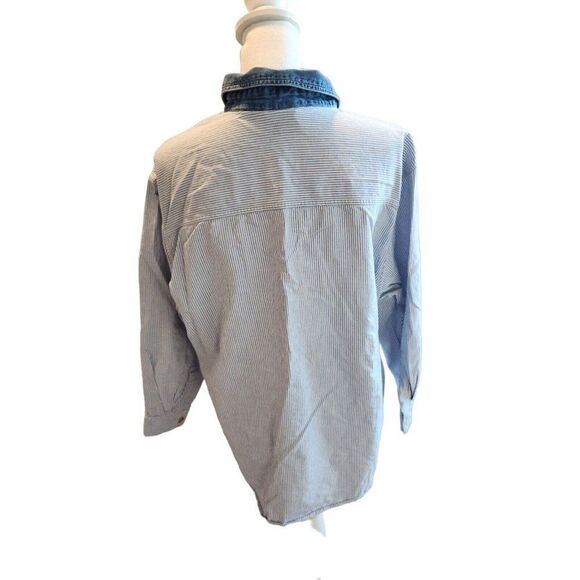 Vintage 90s Christmas Button Up Shirt 18W Denim Pin Stripe Blue Embroidered - Picture 5 of 6